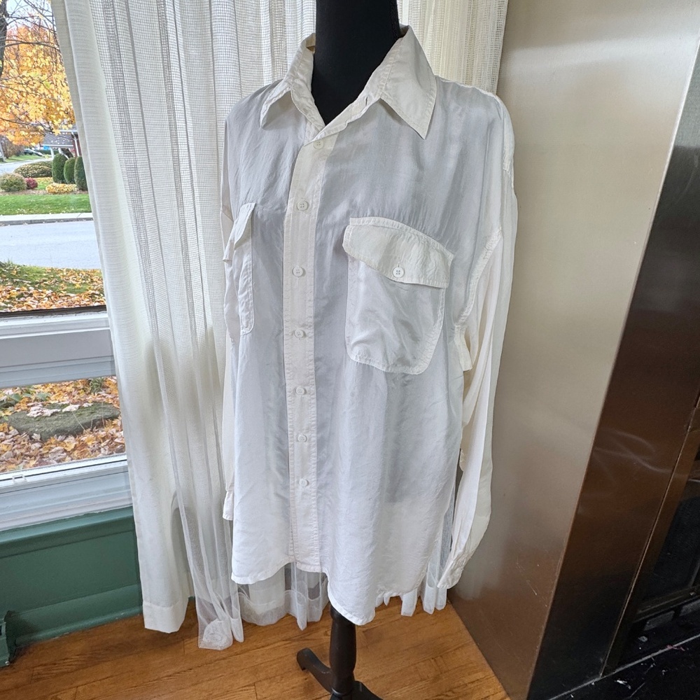 Vintage 80s off-white button down pure silk shirt, oversized blouse, 12/14 (L)